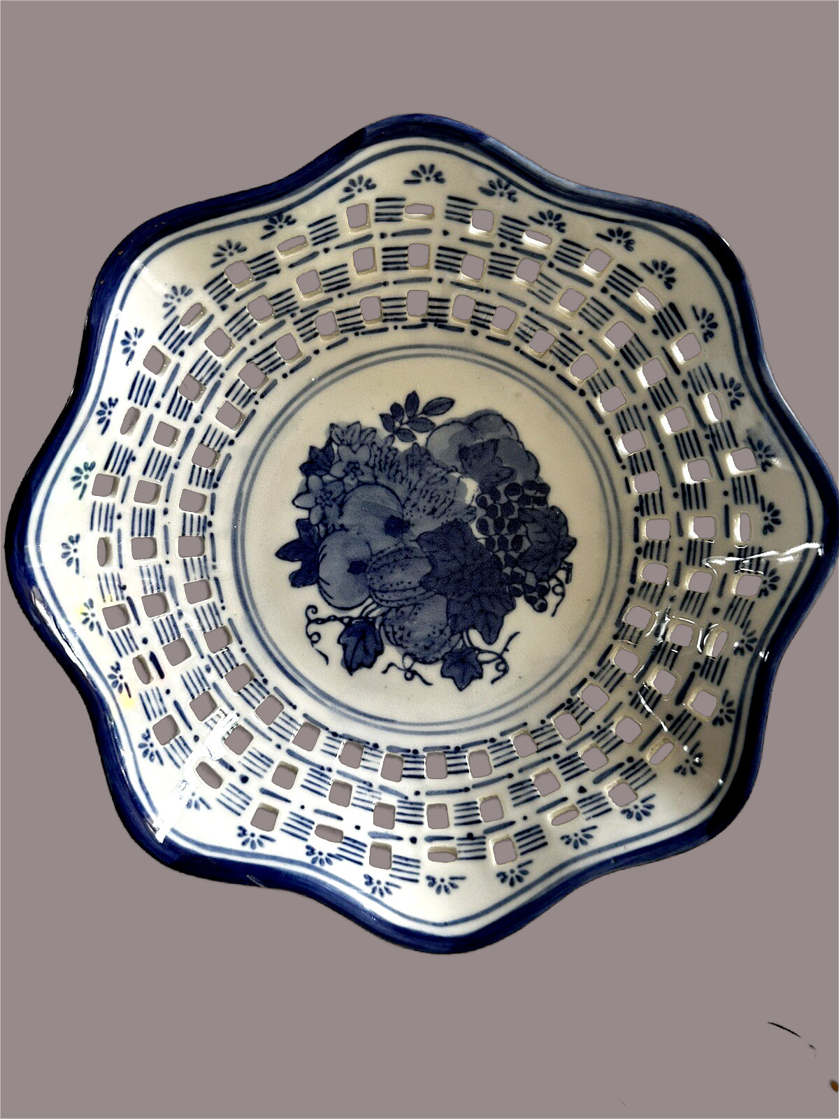 Hand-Painted 8 Ceramic Chinoiserie Perforated Basket – Signed Asian Fruit Decor