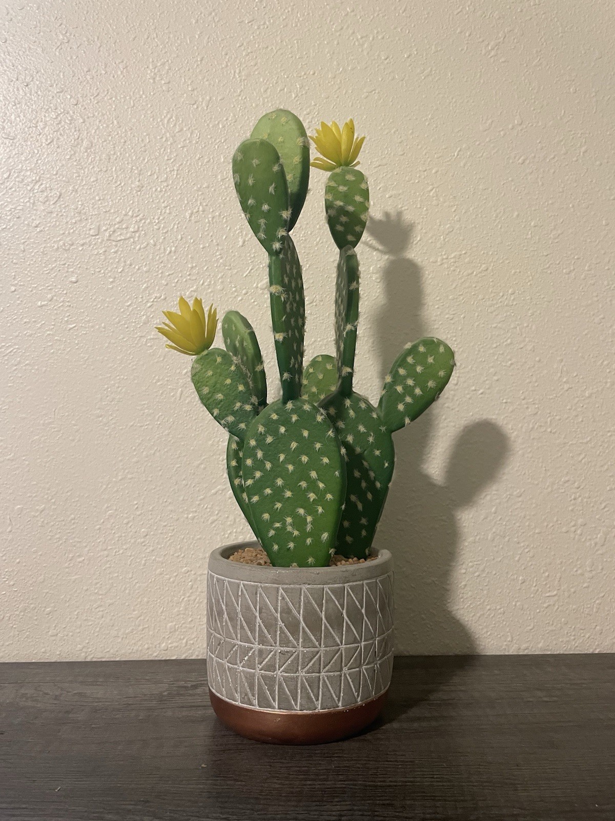 Artificial Cactus Arrangement, White Patterned Pot, Yellow Flowers