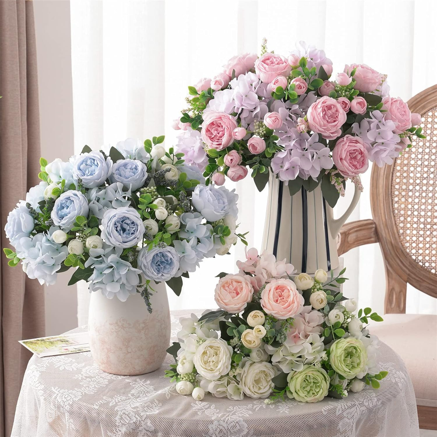 4 Bunches Artificial Flowers for Decoration Blue Peonies Fake Roses Arrangements