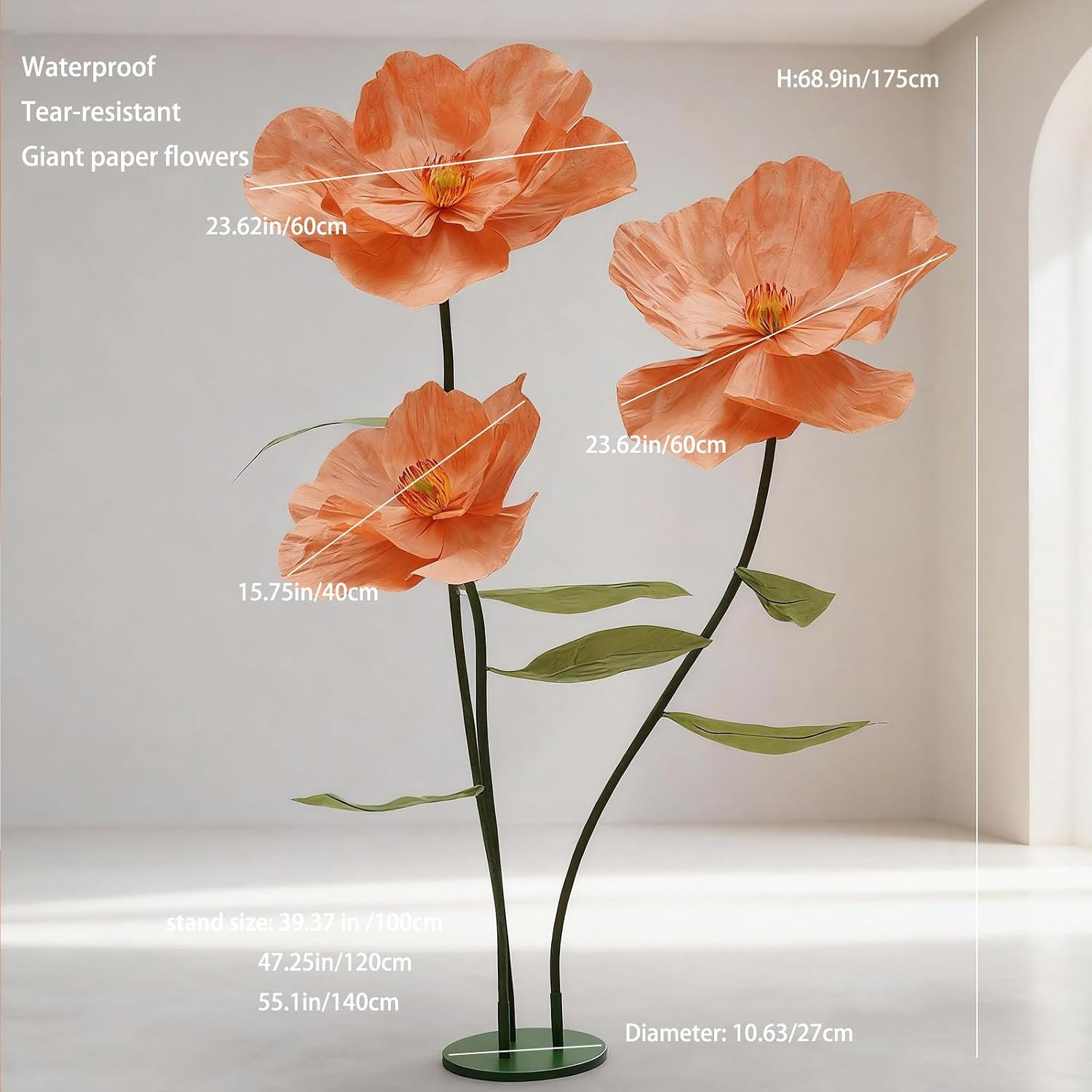 Giant Poppy Artificial Flowers with Stand,Large Gradient Paper Flowers,Waterproo