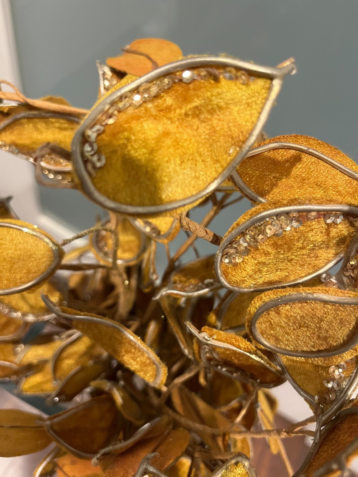 Mustard Gold Velvet Leaves with Gold Trim & Sequins – 34” Faux Flower Stem