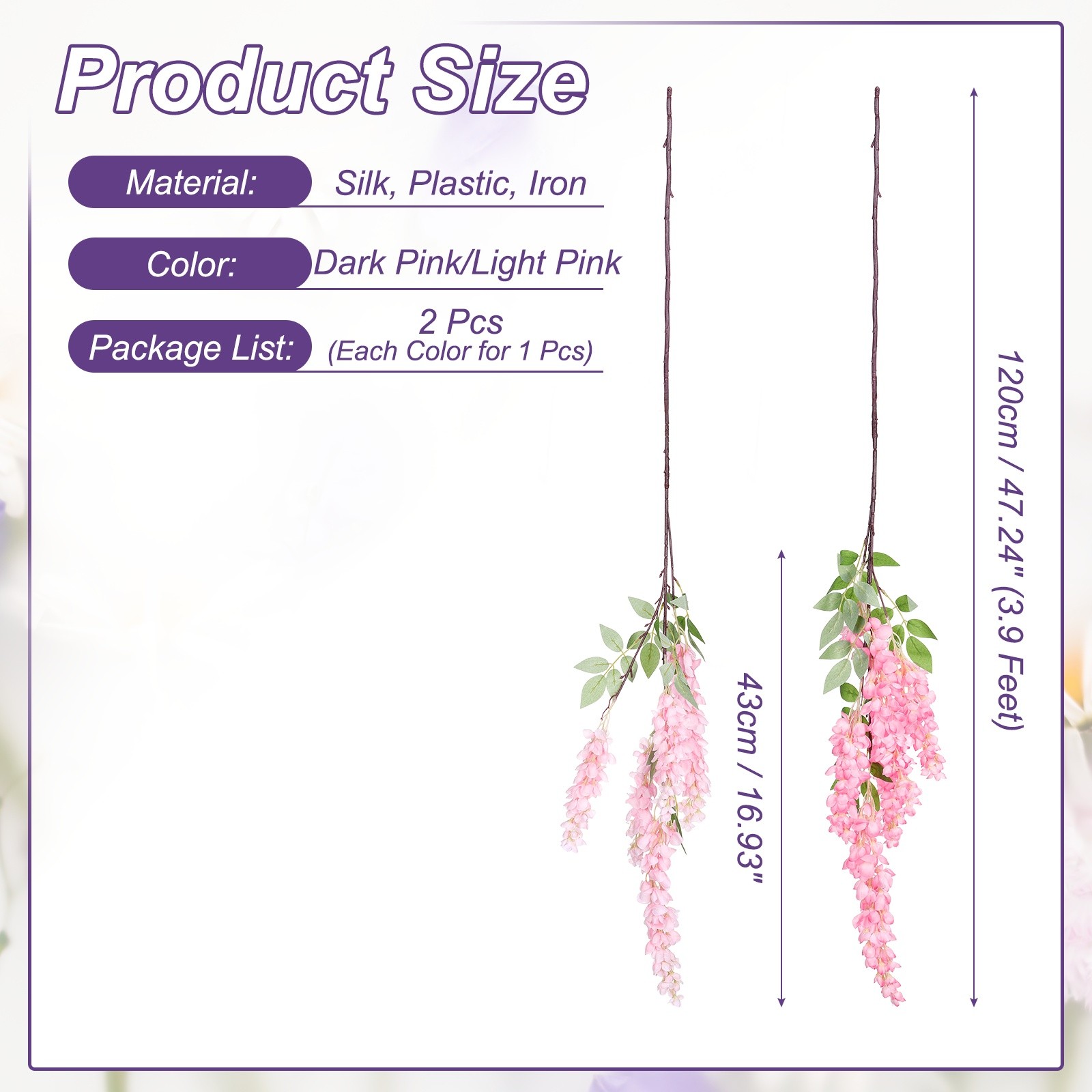 2 Pcs Artificial Wisteria Hanging Flower 3.9 ft Fake Floral Dark Pink/Light Pink