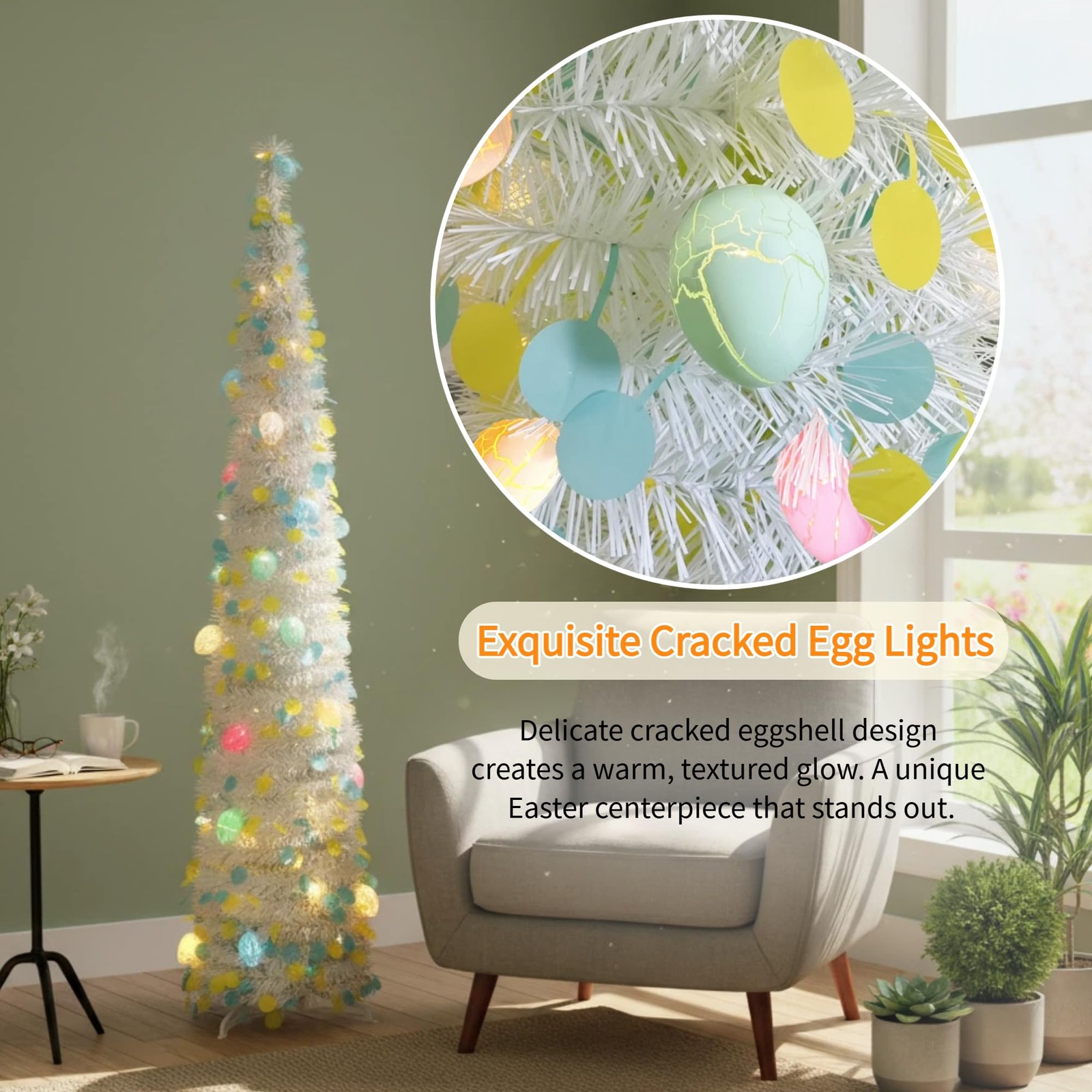 5Ft Lighted Easter Egg Tree 40 LED Colored Lights 20 Eggs Pop Up Tinsel