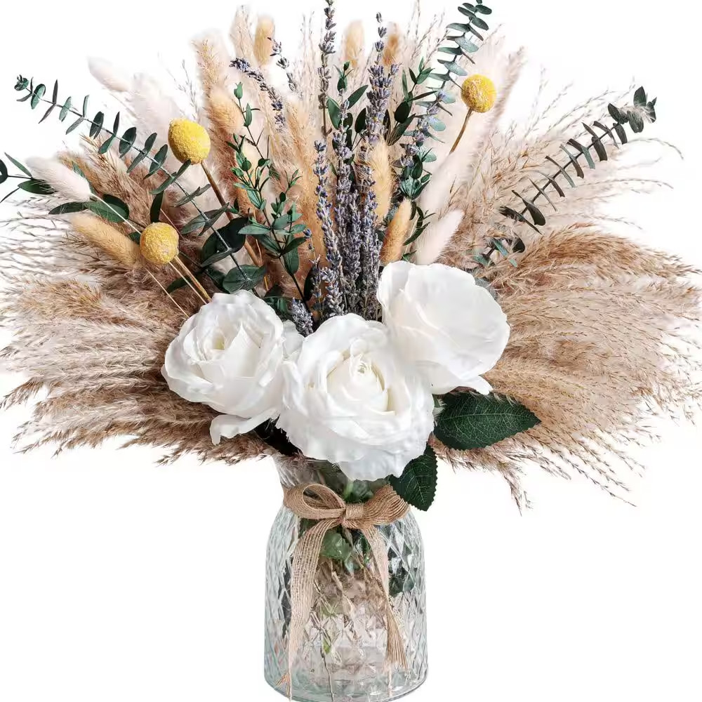 5.5 in Artificial Plant Arrangement in Vase Beige Centerpiece Pampas Grass Eucal