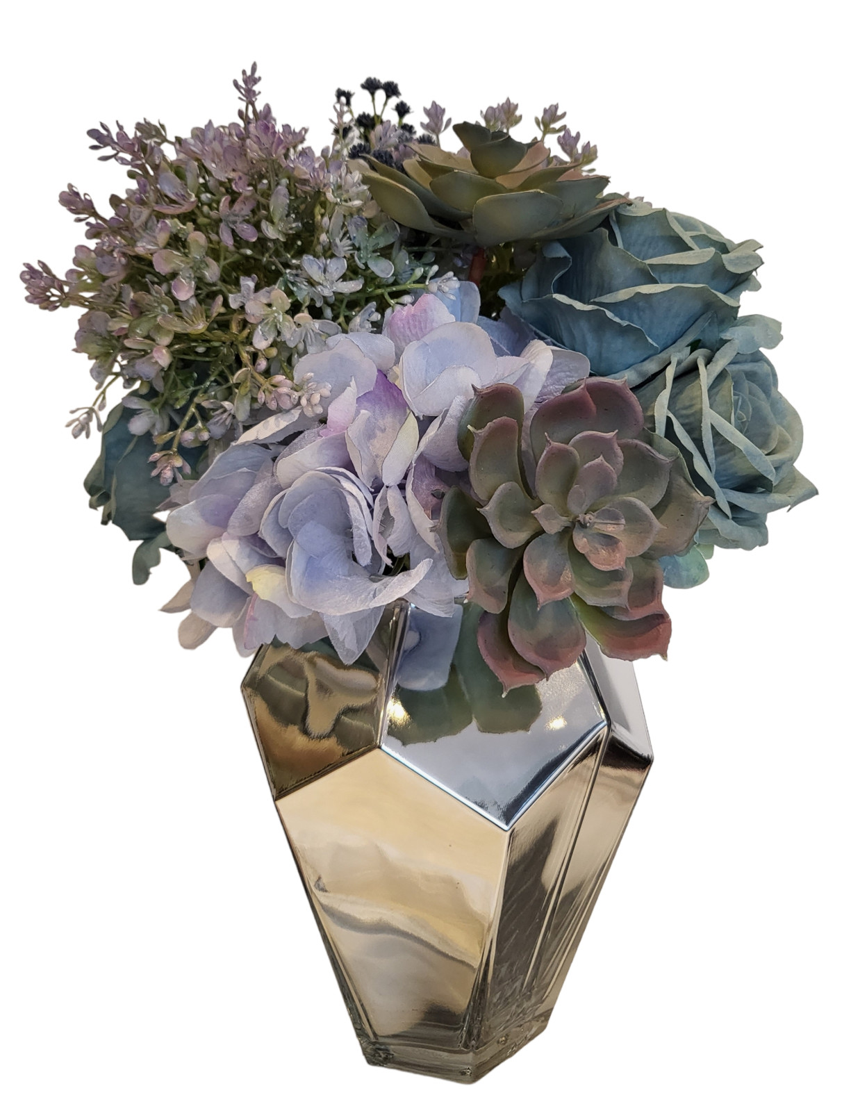 A real touch Faux Flower Arrangement in a geometric silver Glass Vase