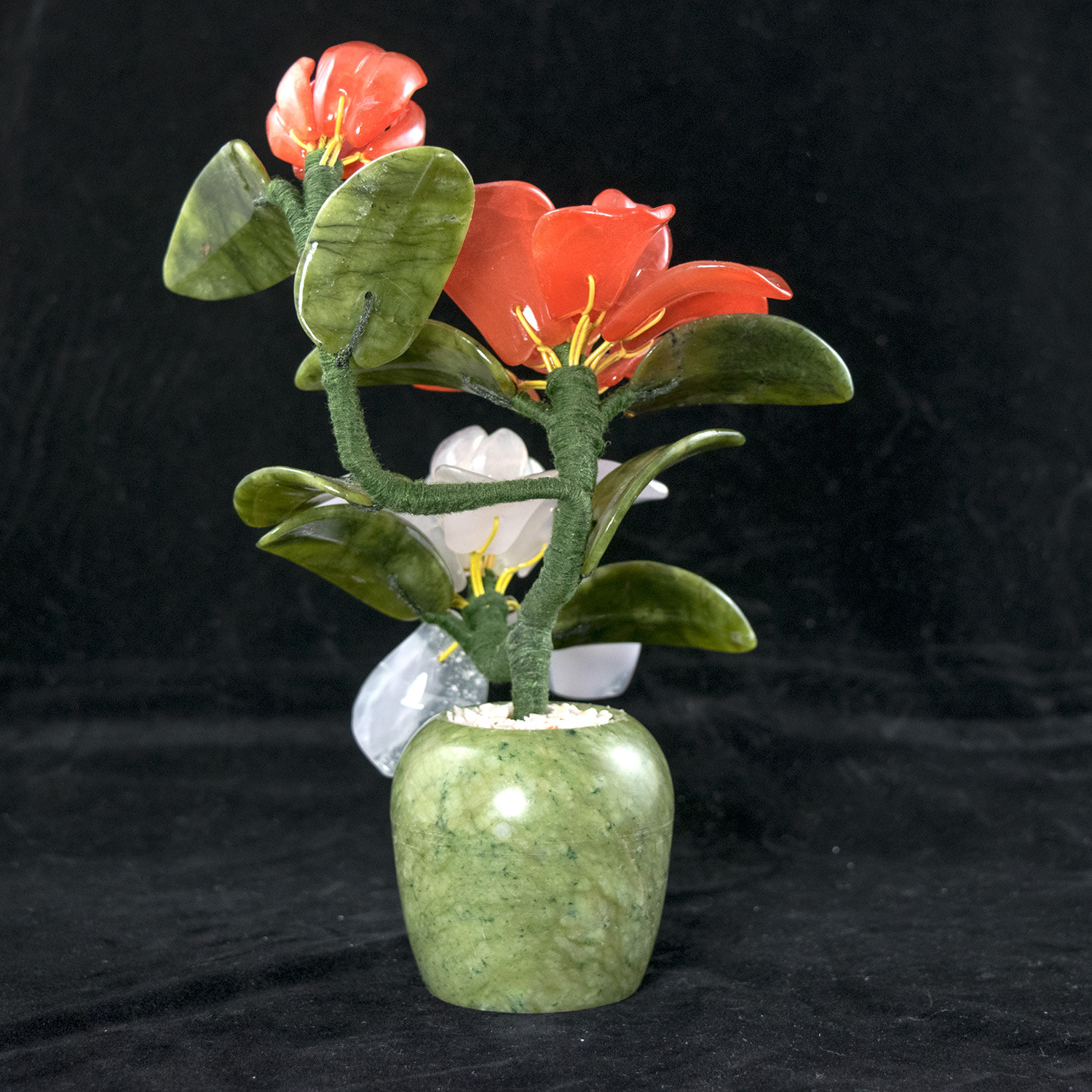 Vintage Chinese Carved Semi Precious Stone Flowers Bonsai Tree # 3948