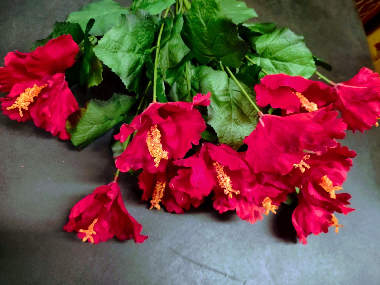 18″ Silk Hibiscus Bush, 12 Stems Red Flowers, Yellow Centers, Shiny Satin Finish