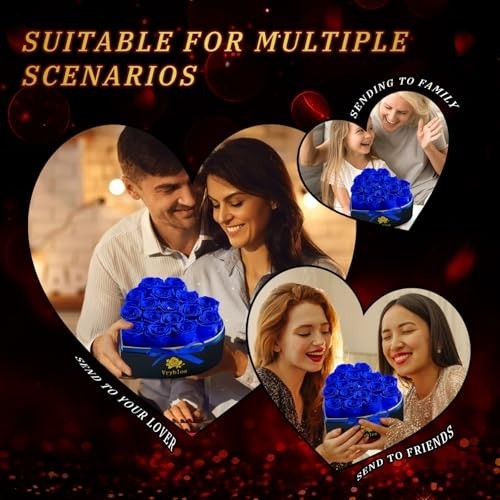 Heart-Shaped Blue Roses in Box – 16 Preserved Real Flowers for Eternal Gifts