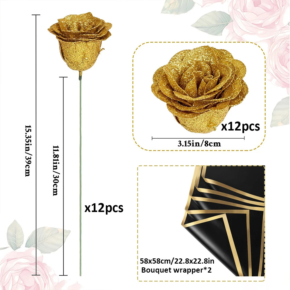 12PCS Glitter Roses Artificial Flowers DIY Bouquet Everlasting Fake Flower