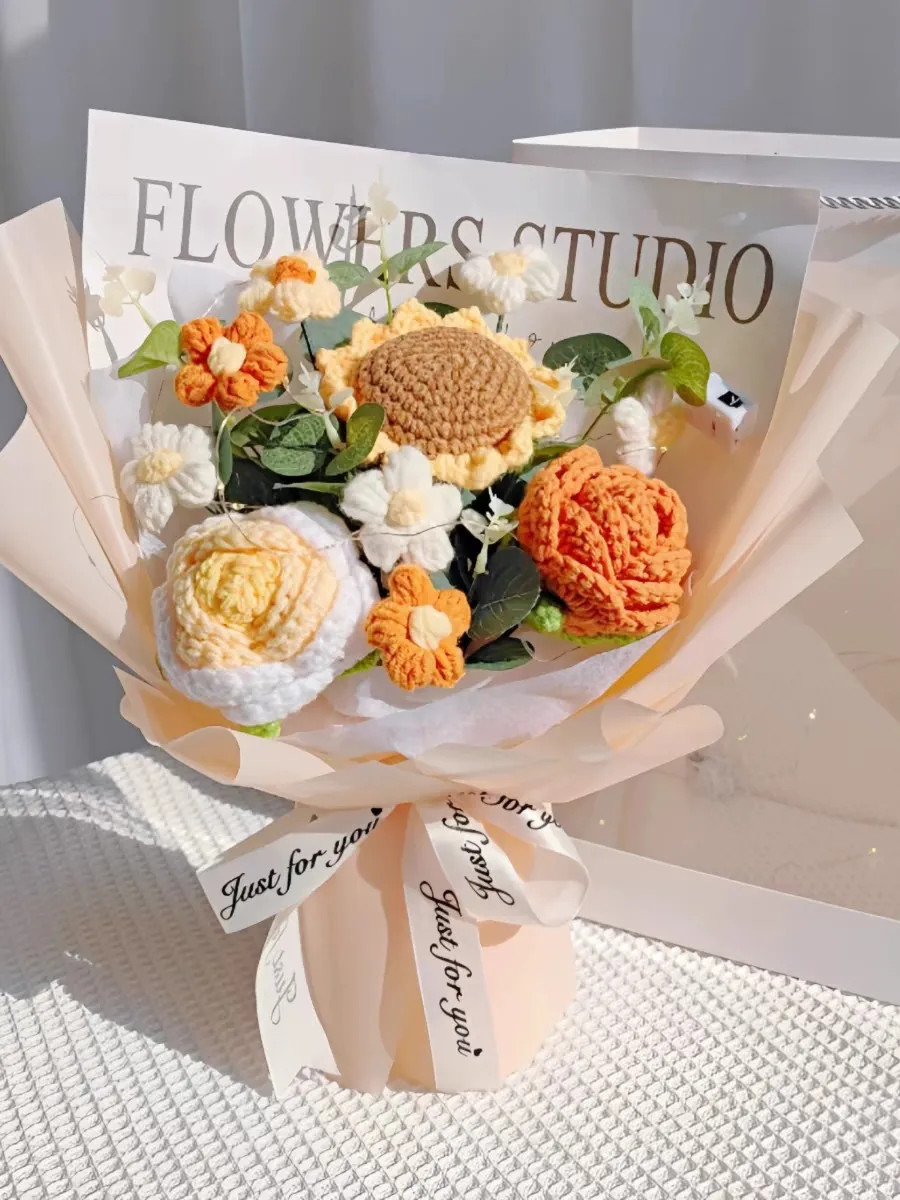 Handmade Crochet Flower Bouquet Decoration Flower Plush Ornament Gift
