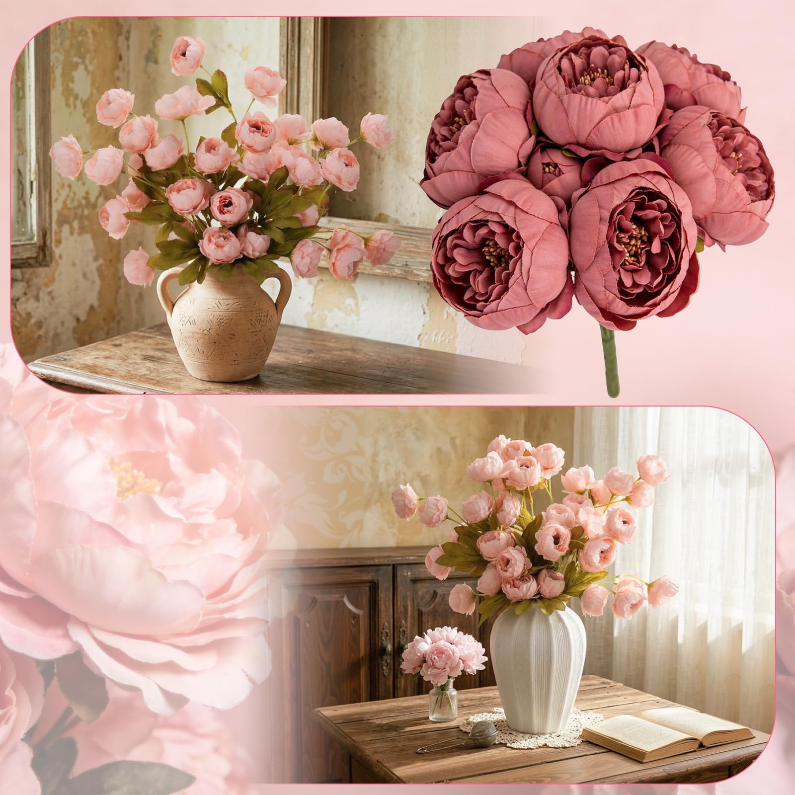 8 Pcs Faux Peony Flowers with Stems, Champagne Pink Artificial Silk Peonies, …