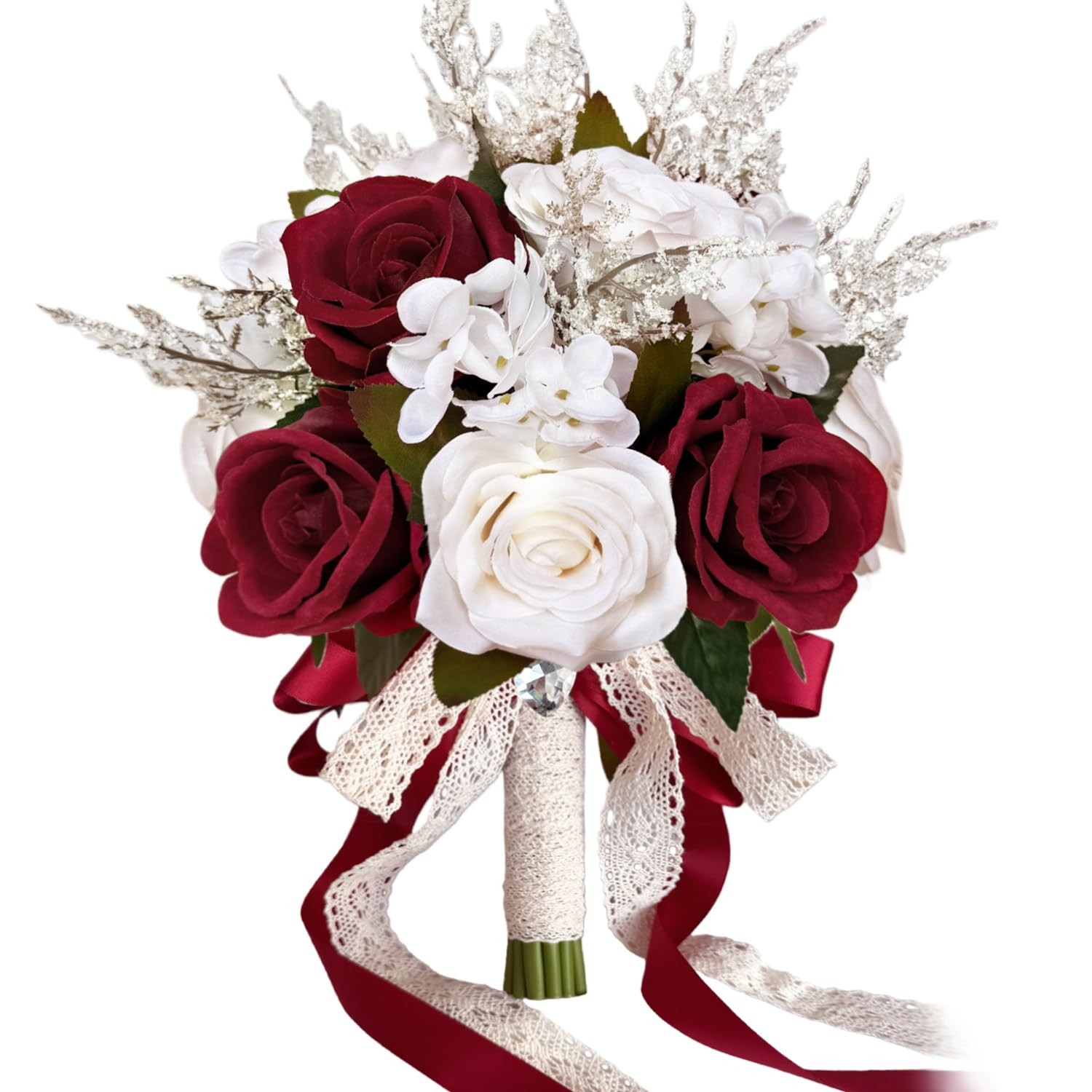 9 Inch Burgundy Wedding Bouquets for Bride Bridesmaid, Dark Red White Champag…