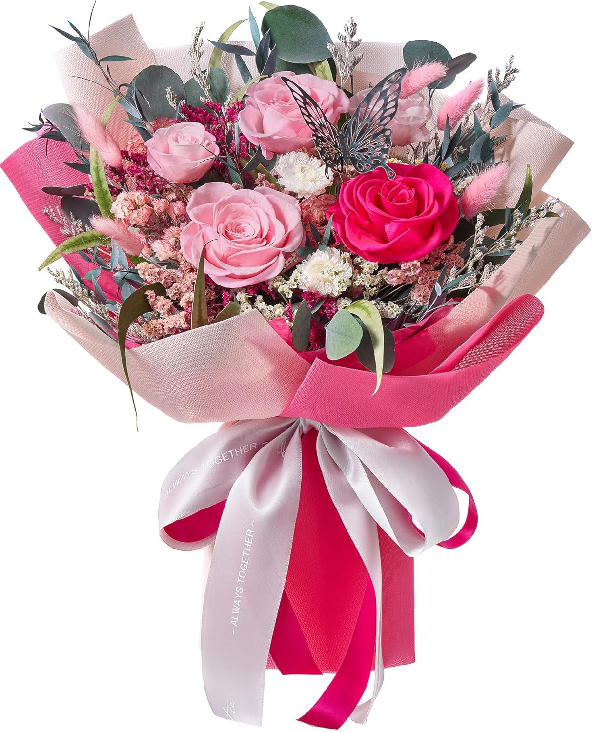 Preserved Roses Bouquet Hot Pink Forever Flowers Gift for Women Gift Box