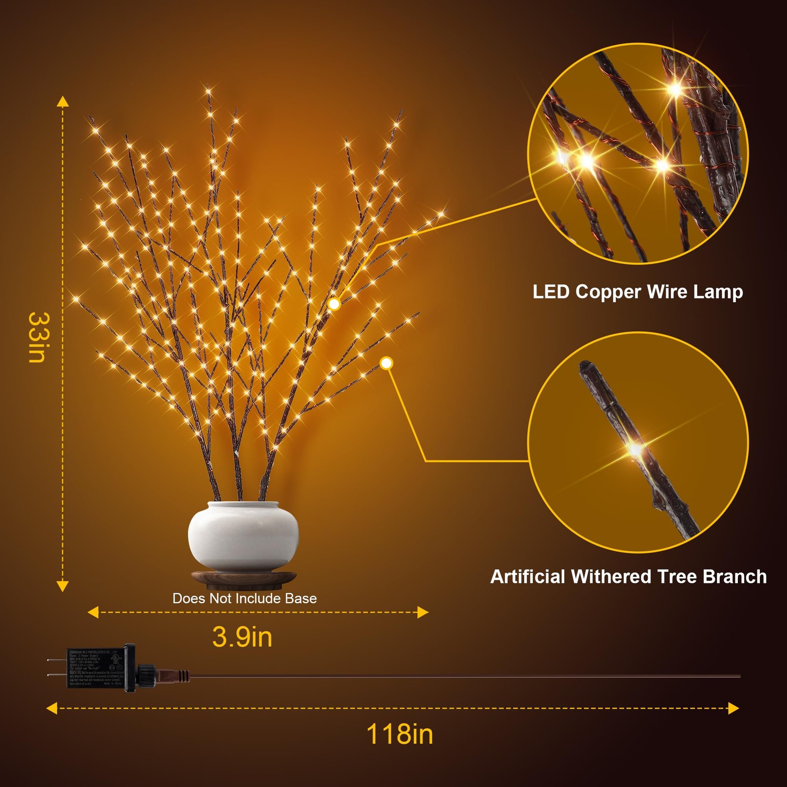 33in Lighted Branches with 180 LED Lights, Twinkling Light Up Tree with Timer…