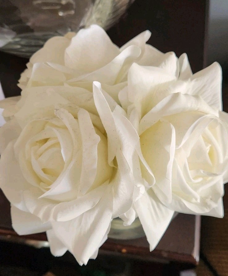 Artificial White Rose Faux Flower Arrangement in small round clear vase