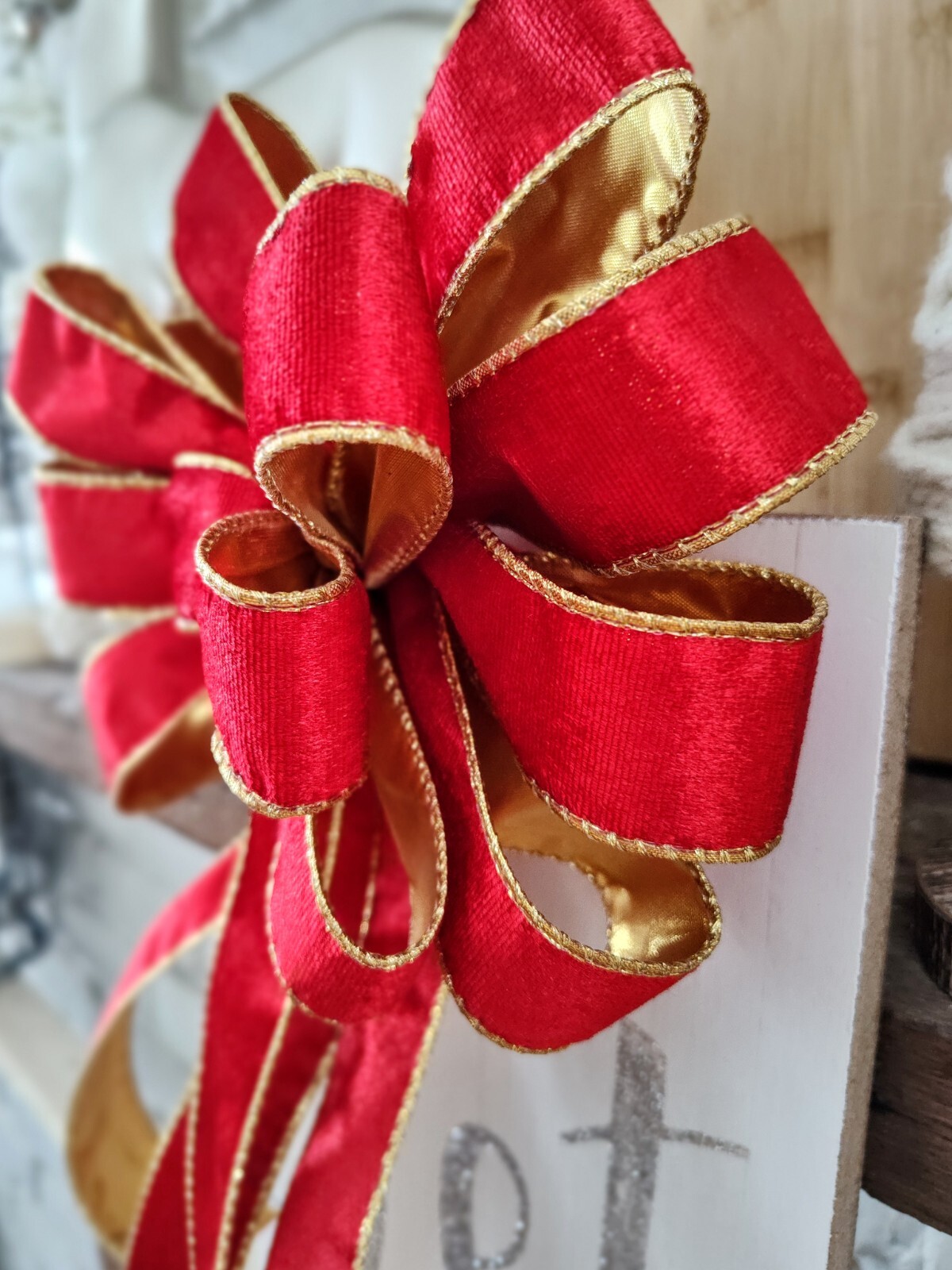 10×16 DeLUXE Red Velvet Bow, Wired Ribbon with Gold Lining