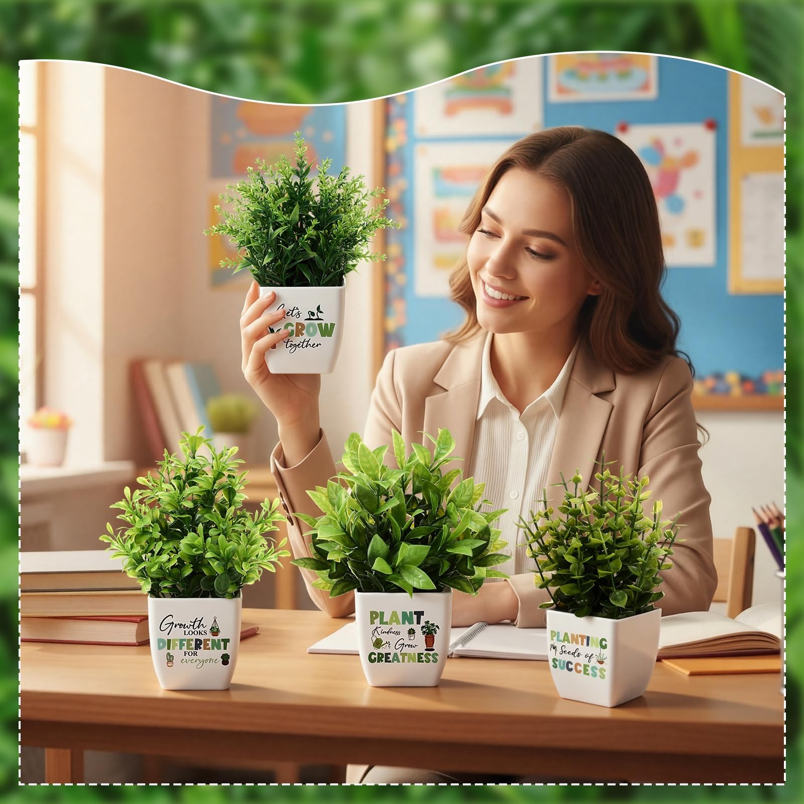 4 Pack Plant Classroom Decor Back to School Fake Plants with Inspirational St…