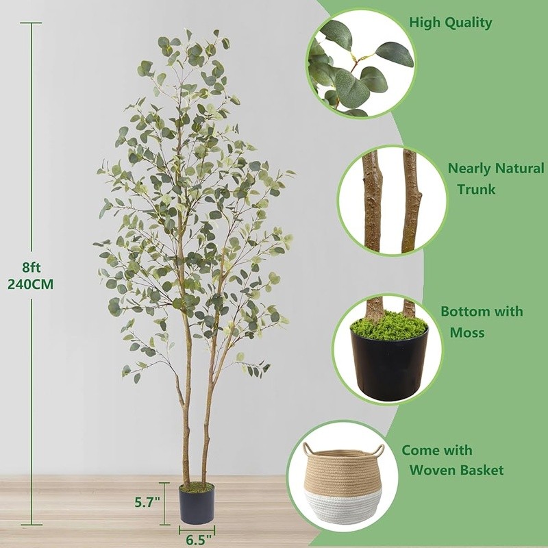 8ft Artificial Eucalyptus Tree Indoor Outdoor Decor Full Green Silk Plant New