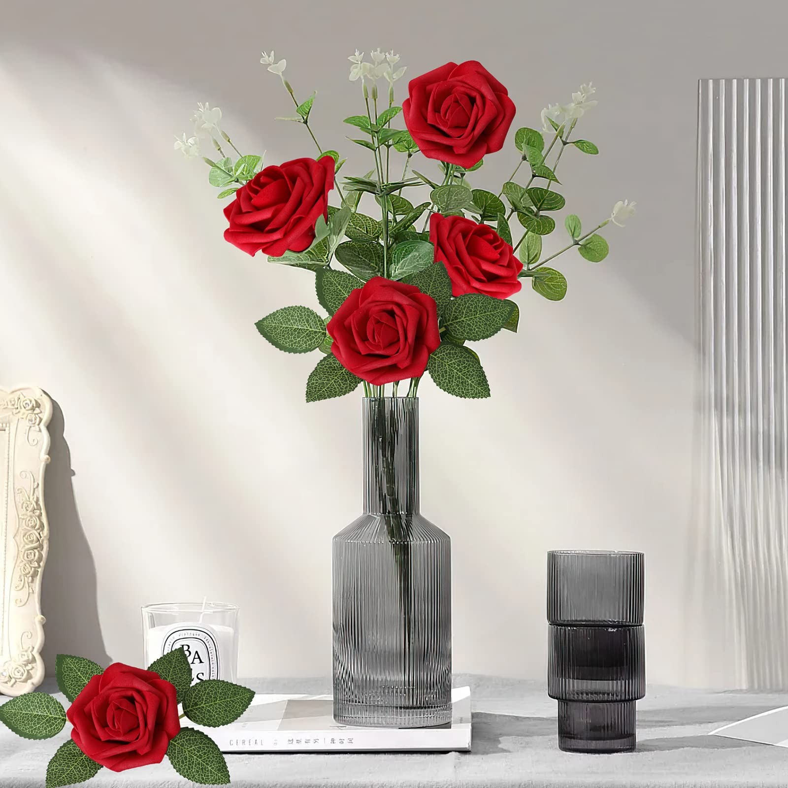 AmyHomie Artificial Flower 50pcs Real Looking Fake Roses w/Stem for DIY Wedding
