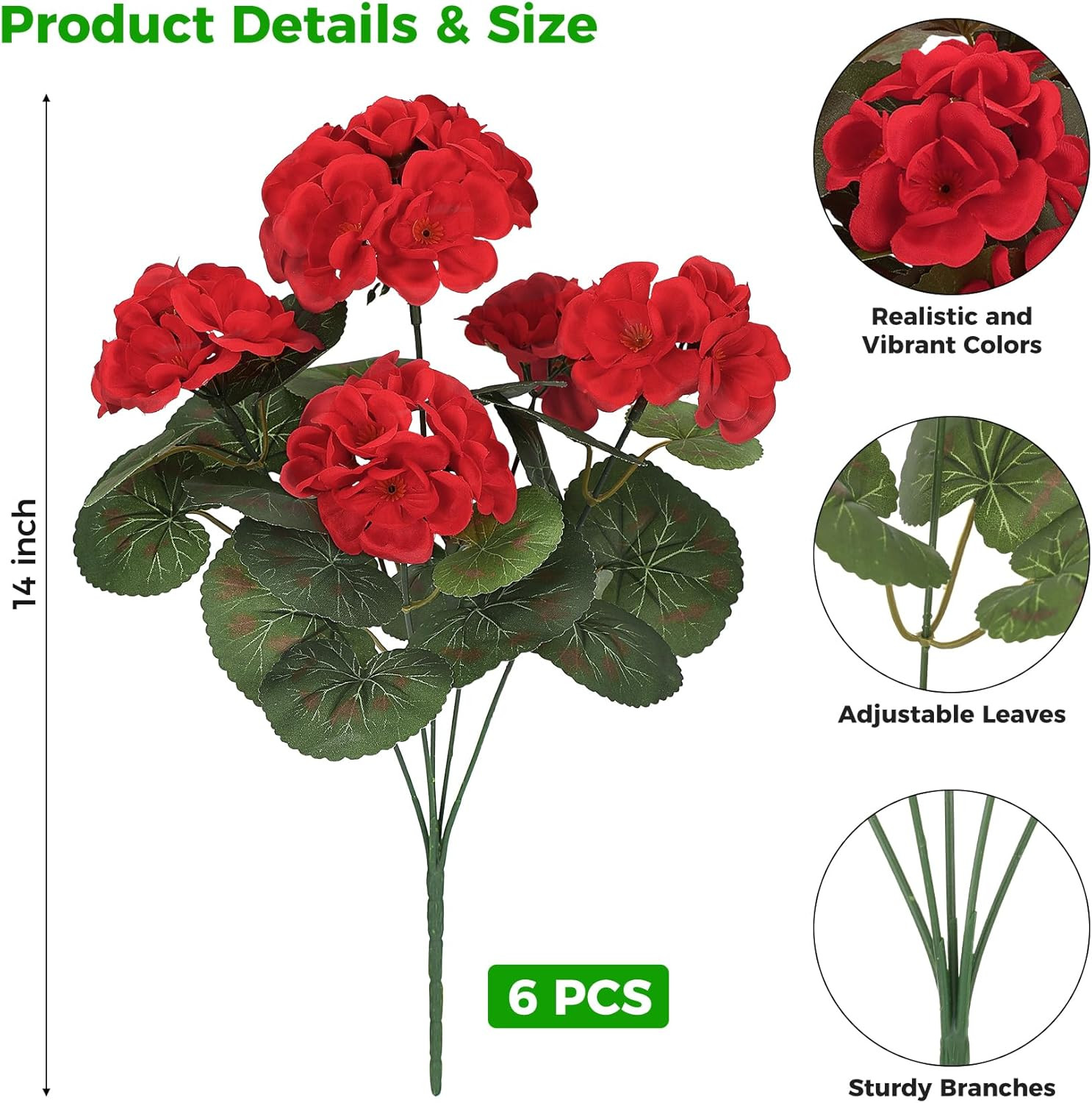 Artificial Geranium Flowers for Outdoors, Fake Silk Flowers UV Resistant Faux Ge