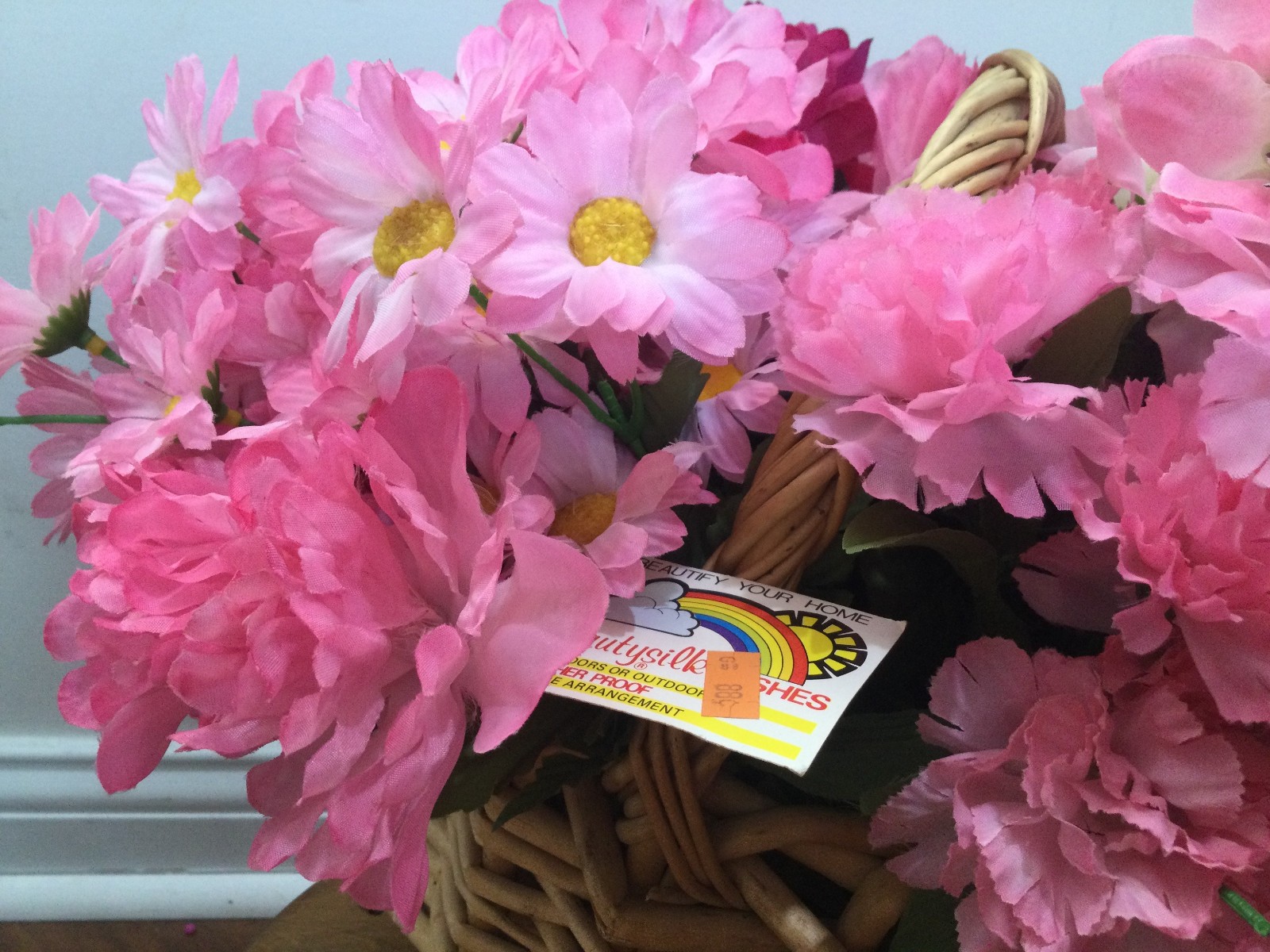 Garden Pink Silk Floral Arrangement in a Woven Basket carnations roses daisy
