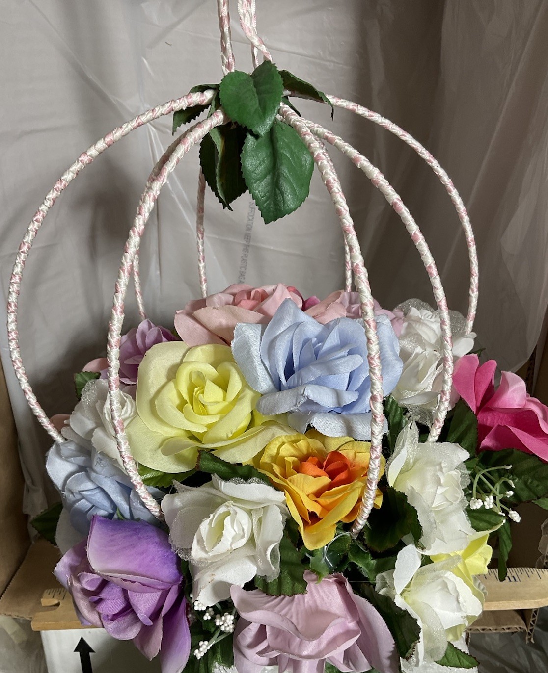 Hanging Flower Arrangement Wire Cage/Ribbon Shabby Chic Decor, All Colors Hmade
