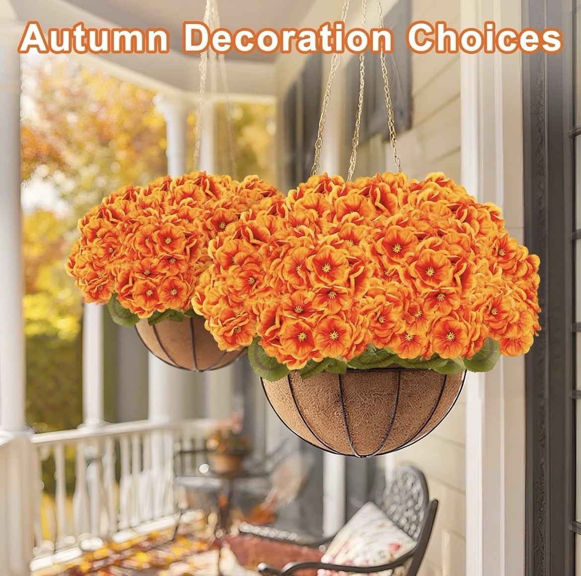 Artificial Fall Flowers Faux Geraniums Orange UV Resistant Outdoor (8 Bundles)