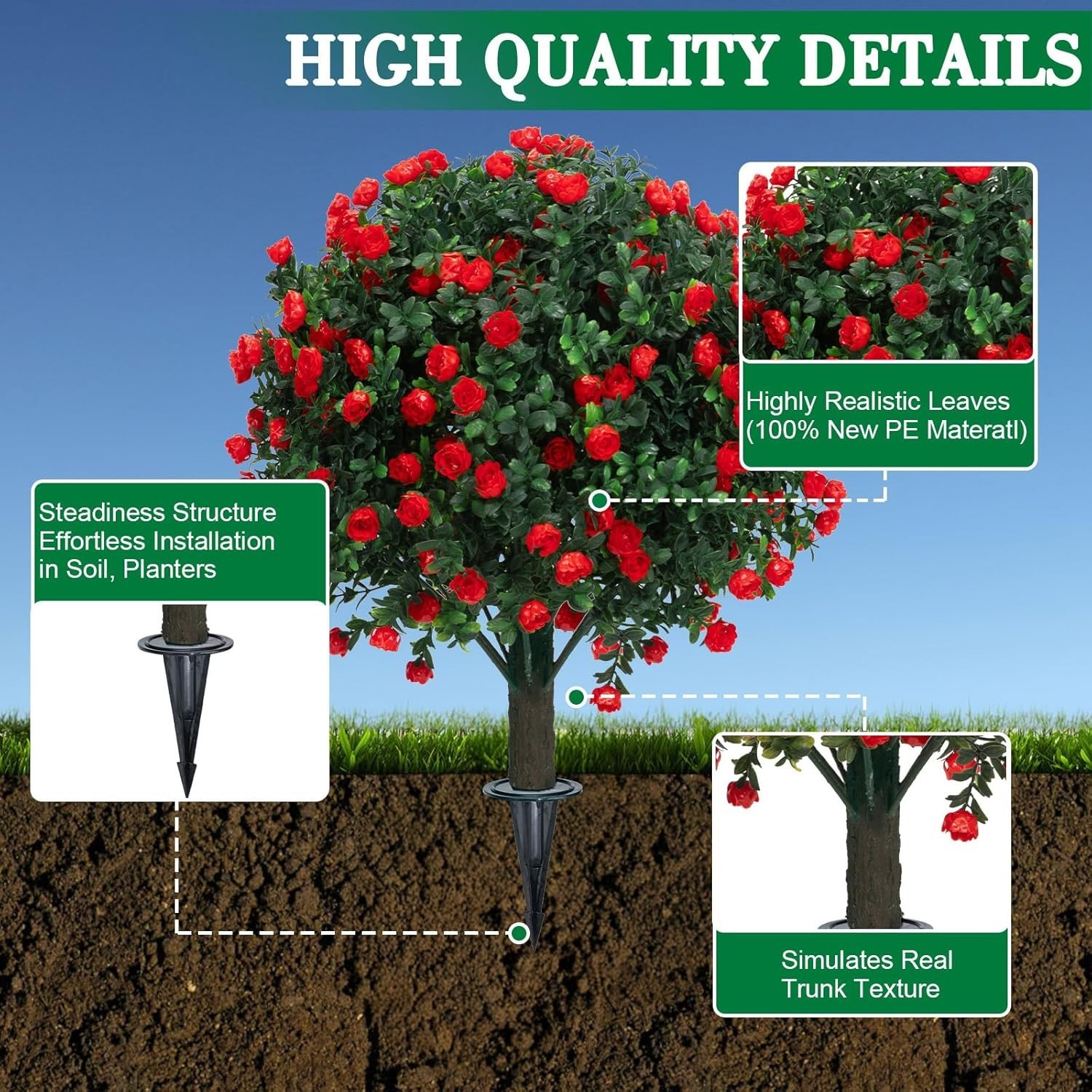 Set of 2 Artificial Boxwood Topiary Ball Trees with Red Flowers for Outdoor w…