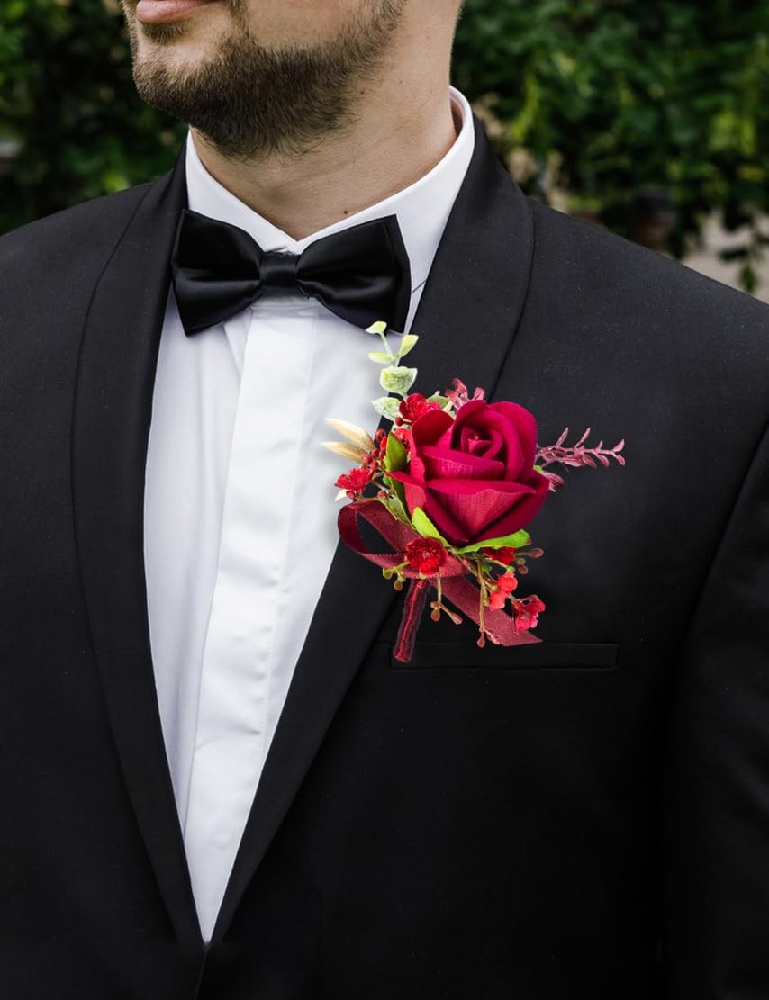 Burgundy Corsage And Boutonniere Set Artificial Rose Groom Mother Bride Pro