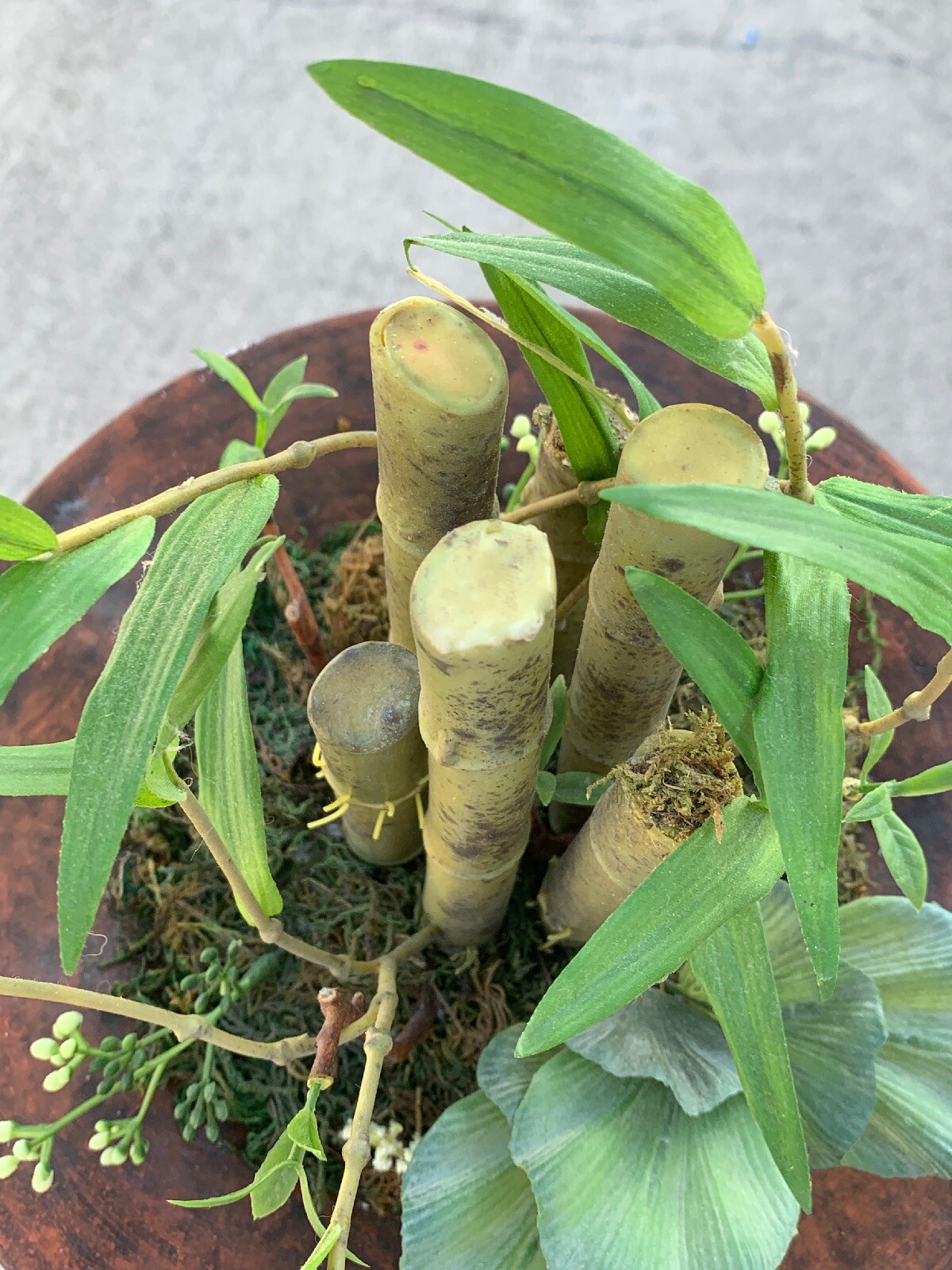 Vintage Rustic Stone Pot & Bamboo Terrarium Table Arrangement Floral 11″ ❤️sj3j