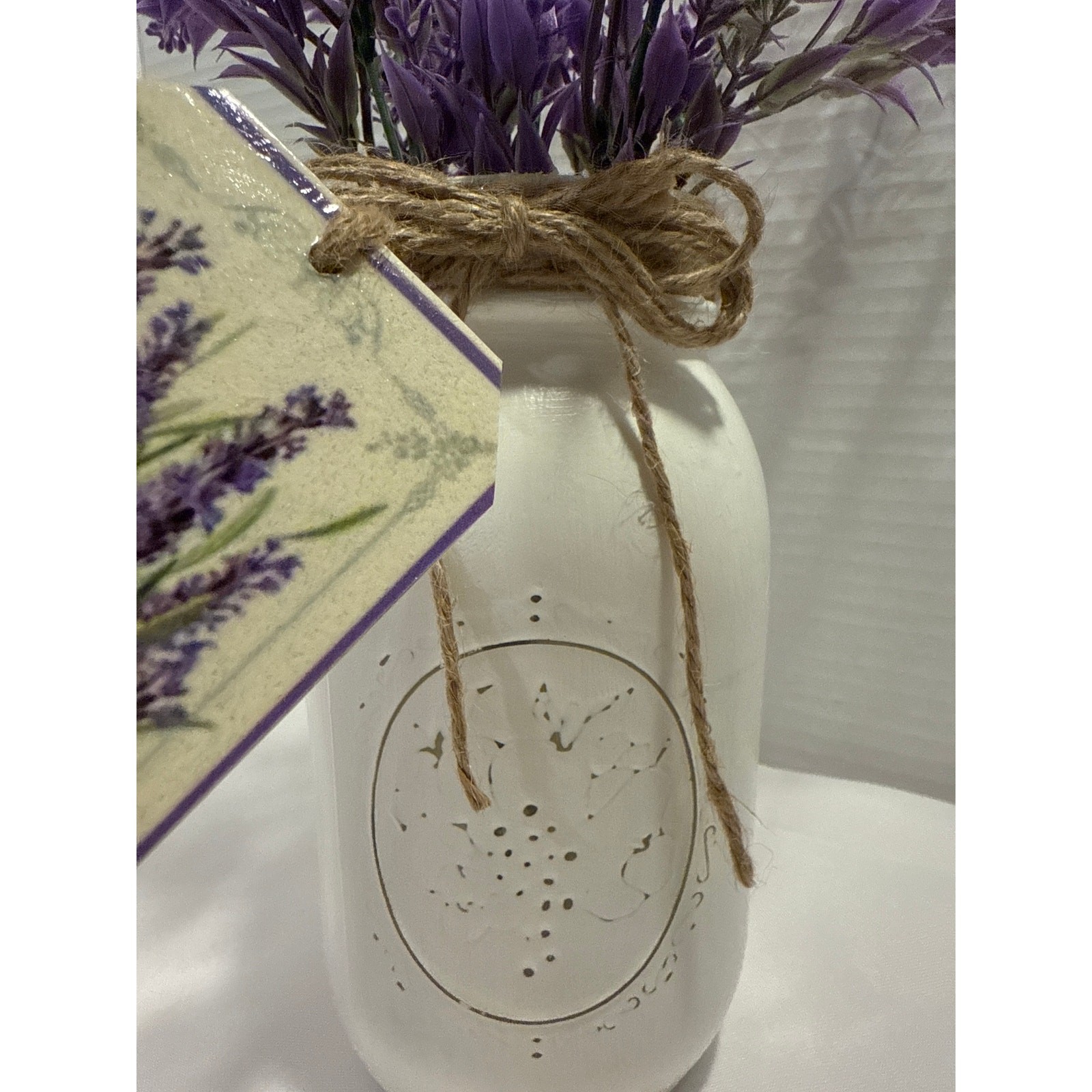 French Country Mason Jar filled with Faux Lavendar, Table Decor, Shabby Chic