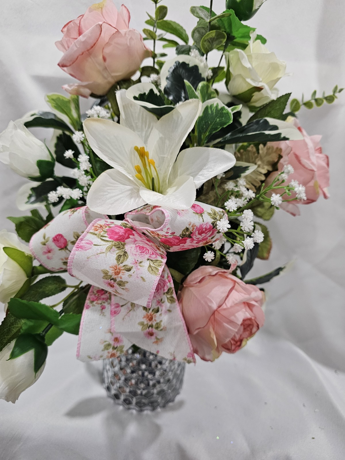 Pink Peoniesm, Roses and Lily Artificial Flowers with Baby Breath Accent