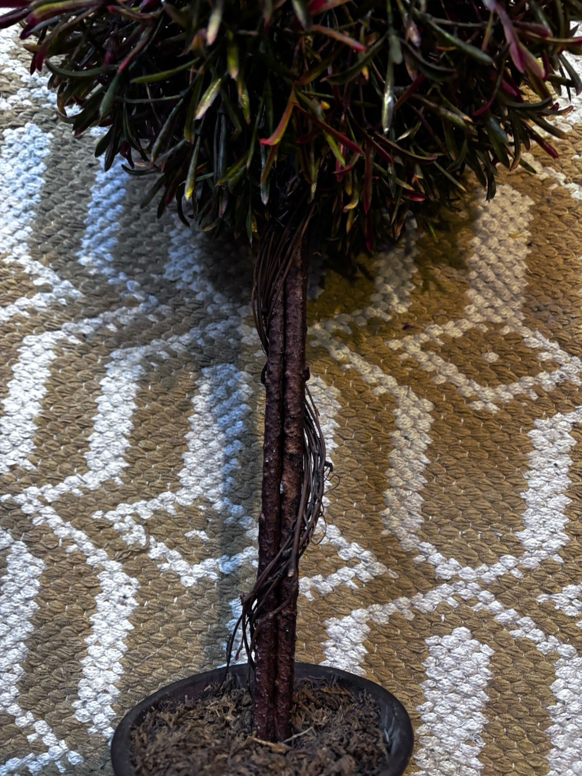 Faux Topiary Tree 23” Dark Wood Burgandy & Green Leaves in Pot Rustic Decor