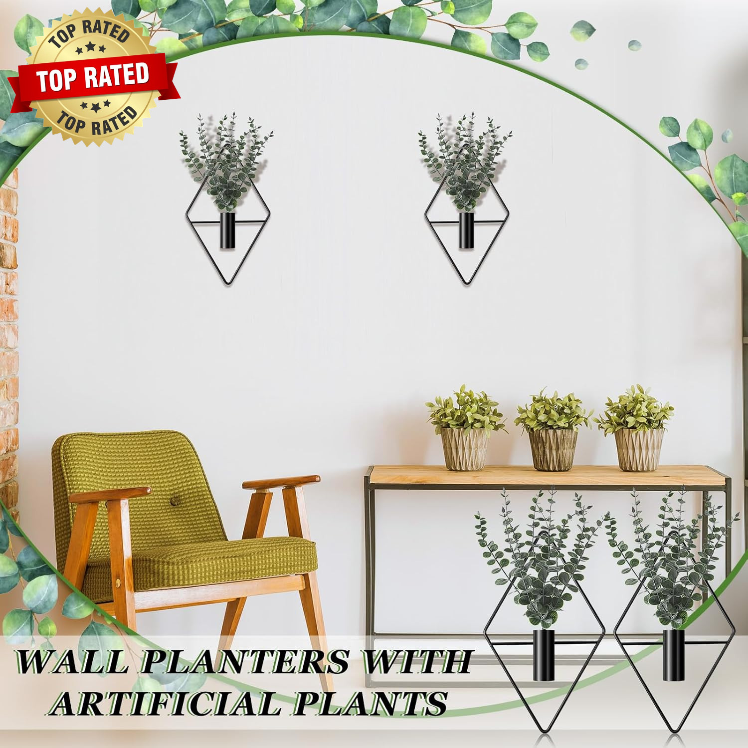 4 Pcs Hanging Planters with Artificial Eucalyptus Metal Hanging Vase Indoor Plan