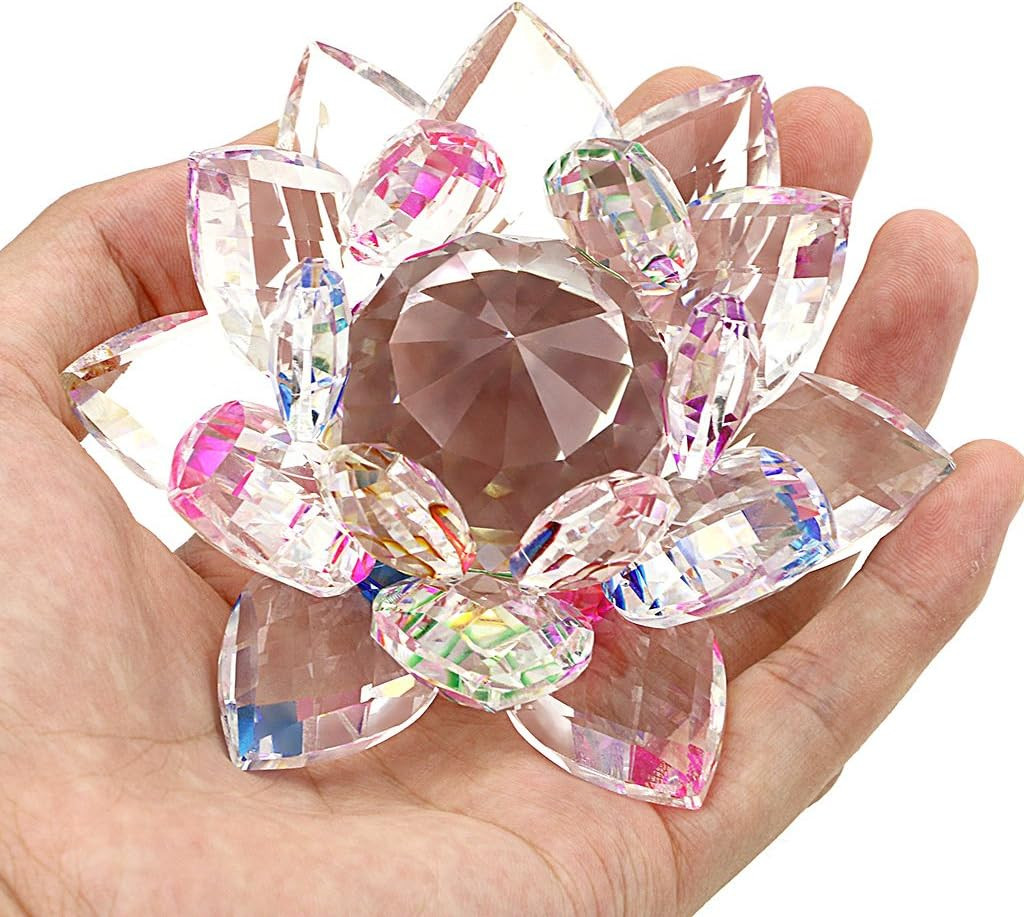Sparkle Crystal Lotus Flower Hue Reflection Feng Shui Home Decor with Gift Box (