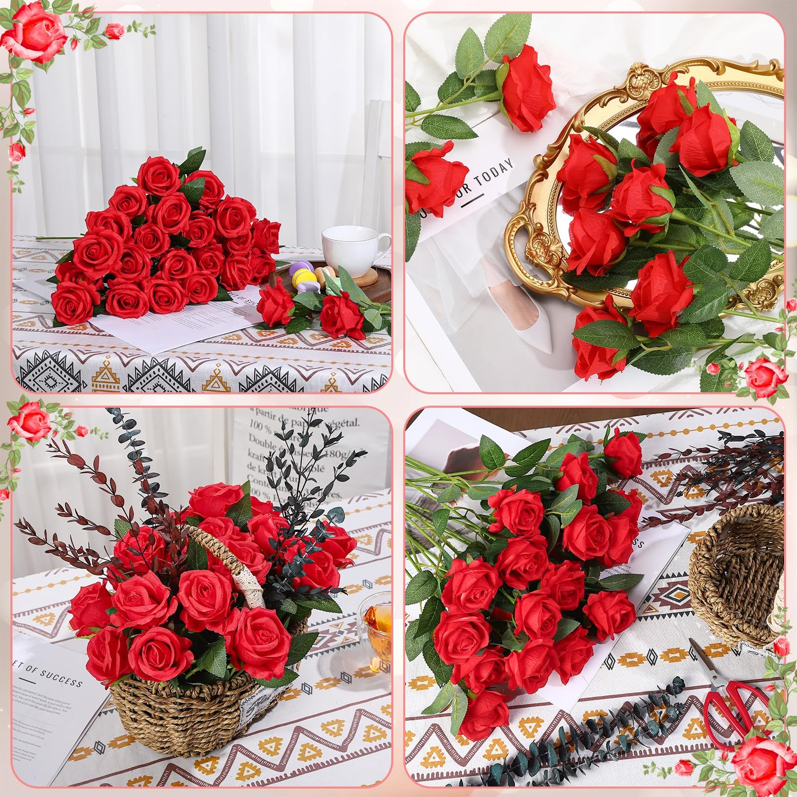 24 Pcs Red Rose Artificial Flowers with Long Stem Real Touch Silk Plastic Bou…