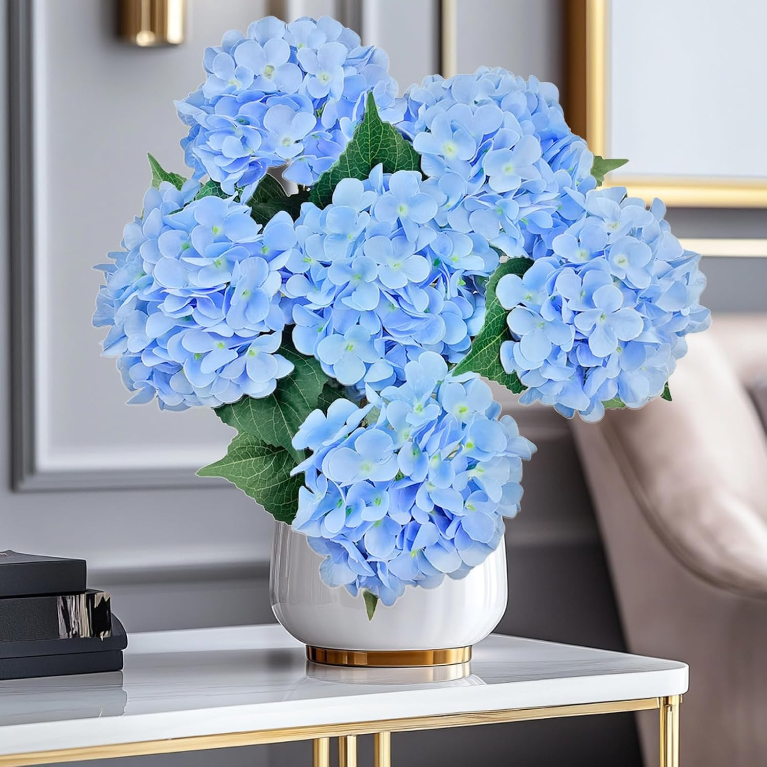 6PCS Blue Hydrangea Artificial Flowers, Bulk Silk Fake Flower with Stems, Fau…