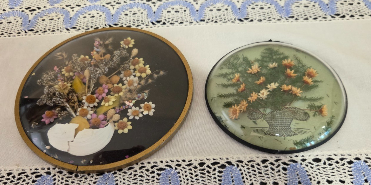 Vintage Domed Bubble Glass Real Dried Flowers in Brass Frame Lot of 2