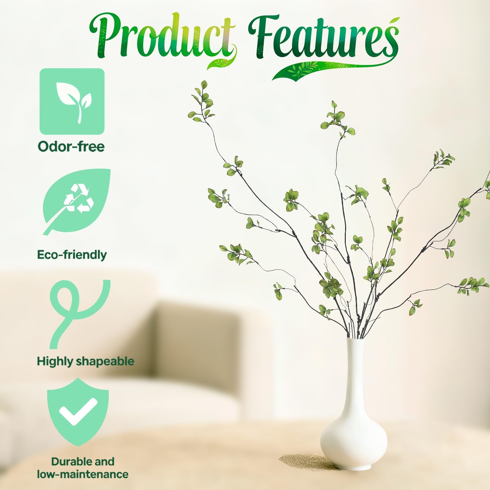 4 Pcs 38.5″ Tall All-Green Artificial Branches with Leaves, Realistic Faux Fi…