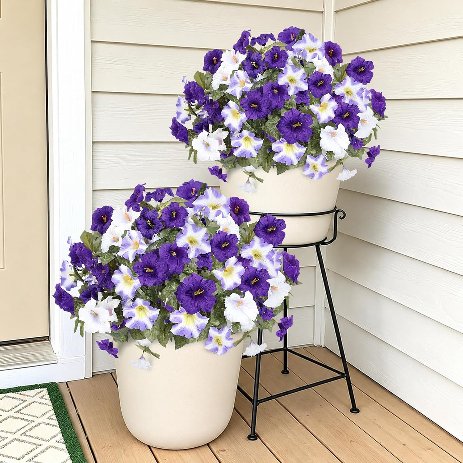 UV Resistant Large Faux Petunias – 8 Bundles for Outdoor Decor (Purple-White)