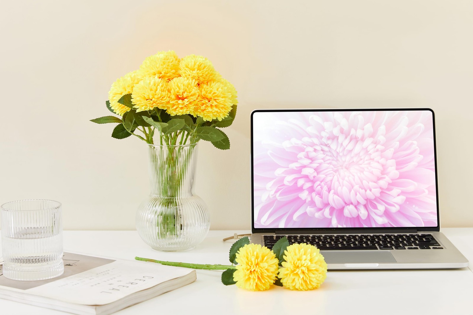 12 Pcs Yellow Artificial Chrysanthemums Flowers Ball Fake Mums Silk Decor