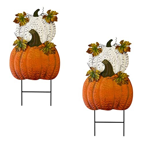 Set of 2 Rustic Metal Stacked Pumpkin Garden Stake Indoor Outdoor Welcome