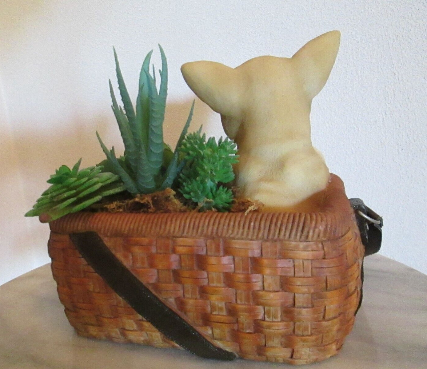 Chihuahua Dog Planter w Faux Succulents Ceramic Basket 7″ x 8″ room Decor