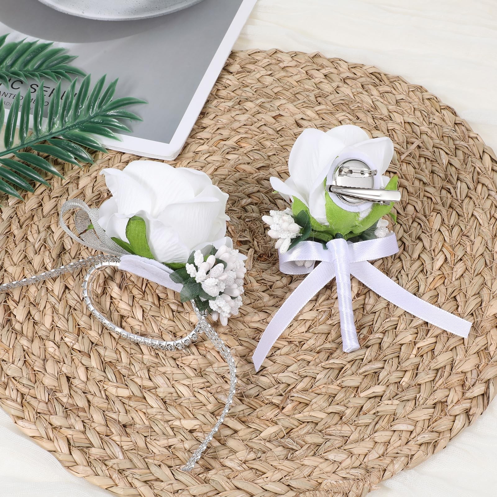 White Rose Corsage Boutonniere Set, Rhinestone 2Pcs Prom