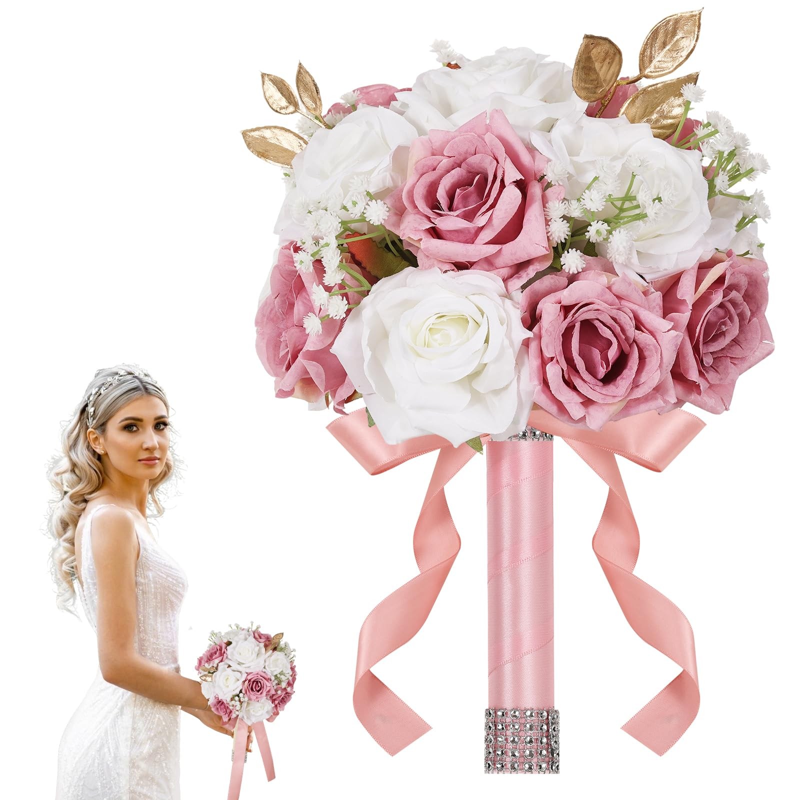 Wedding Bouquet For Bride Realistic Silk Artificial Roses White Pink 9 Inch