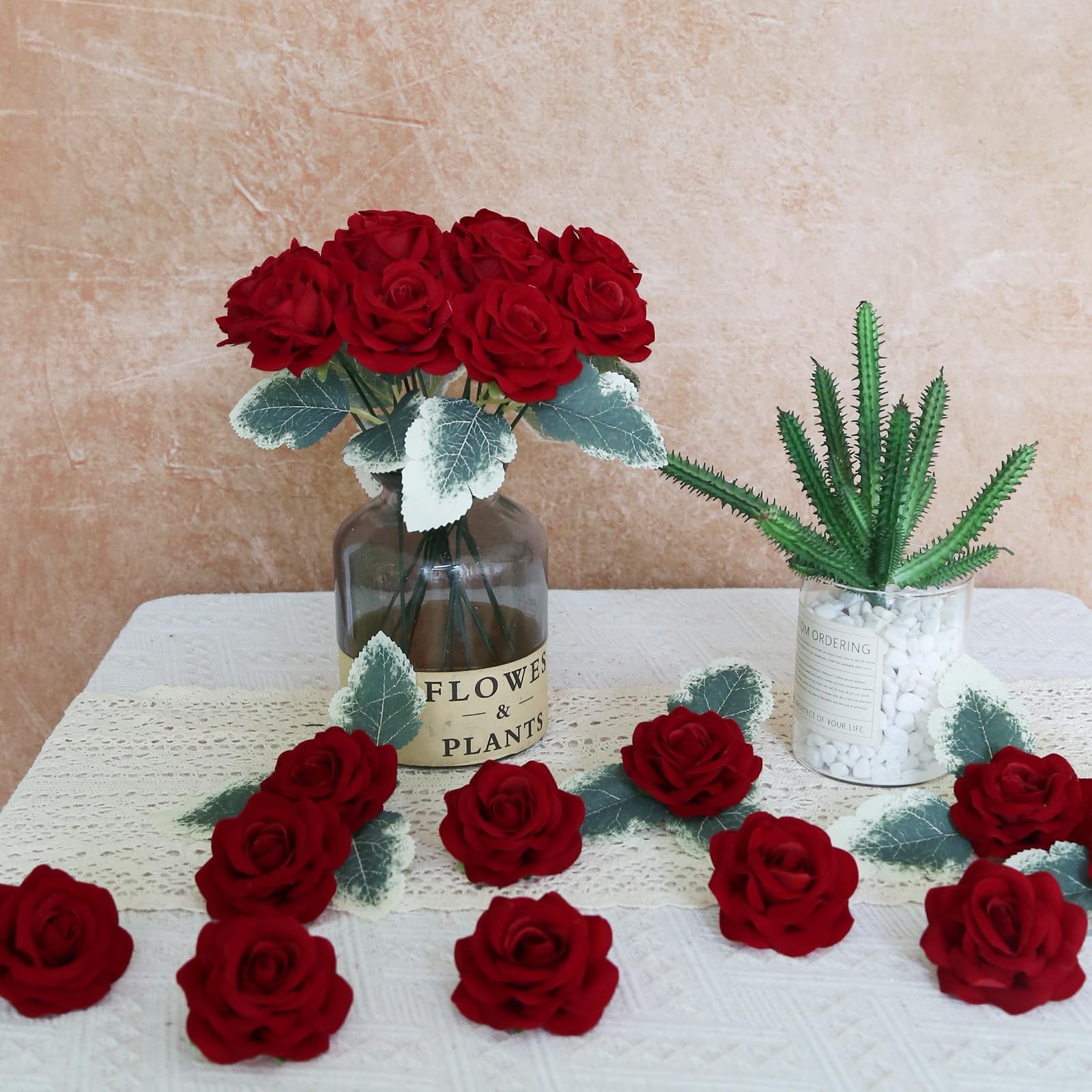 25PCS Red Rose Artificial Flower Heads 7 CM Velvet Rose Flowers Real Look Ros…