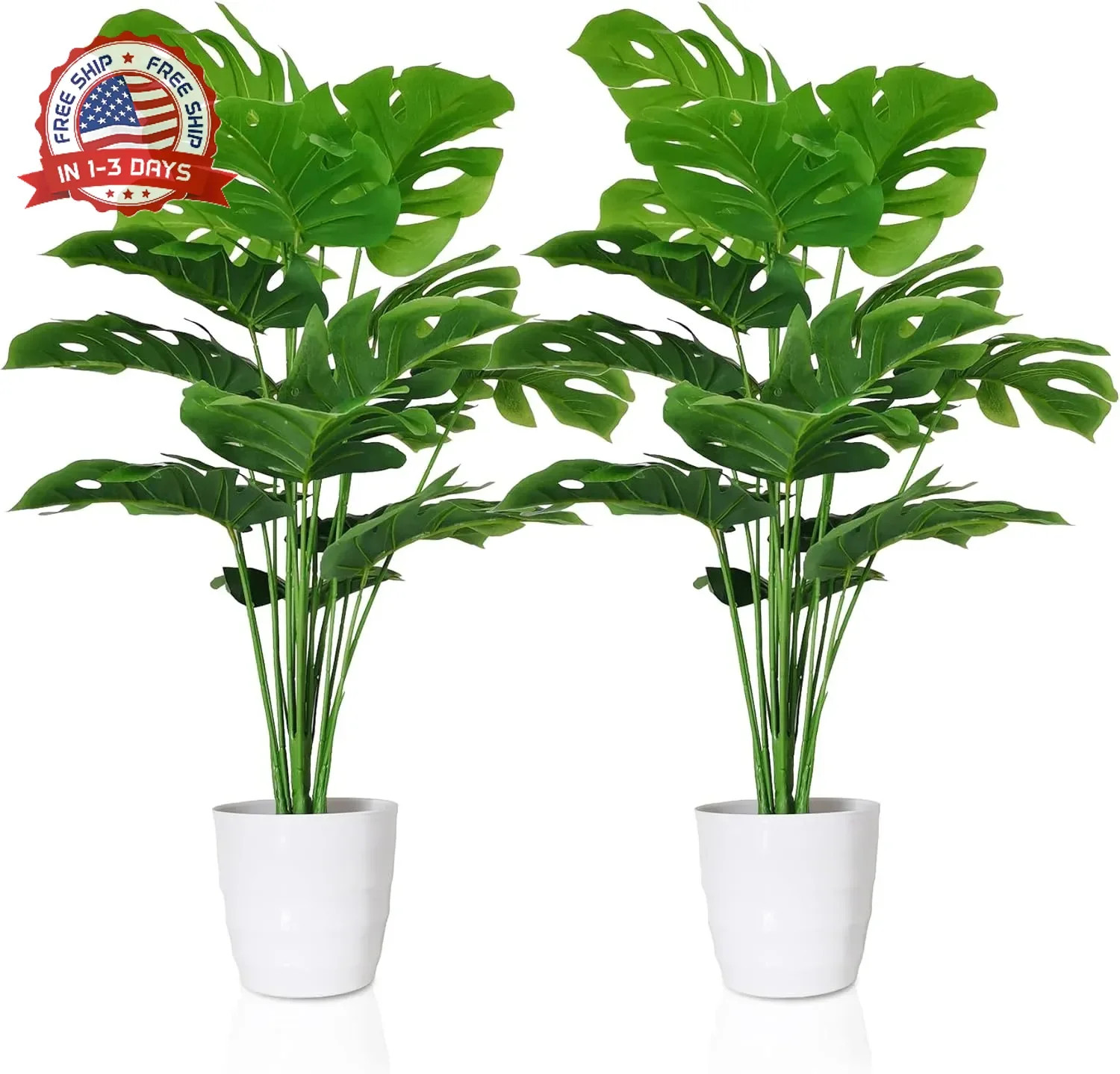28 Inch Artificial Monstera Plants Set of 2 White Pots Heavy-Duty Fake Tropical