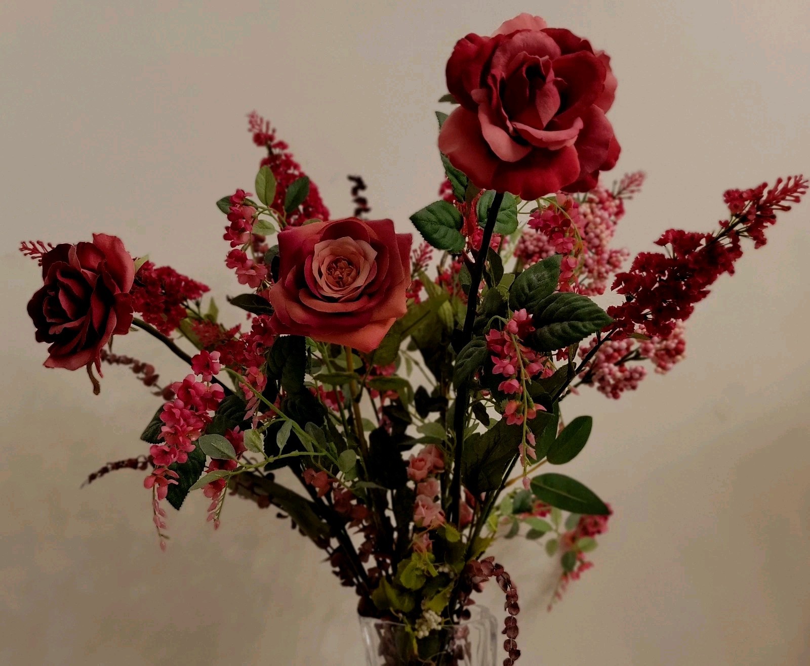 Vintage Plastic & Silk Faux Flowers Lot Of 21 Variety Roses 27″ Shades Fushsia