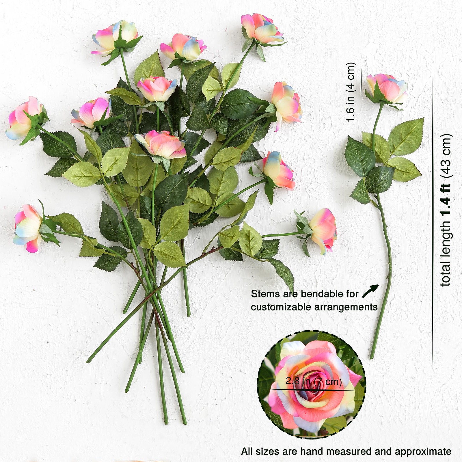 Rainbow Artificial Roses – 12 Faux Silk Stems with Real‑Touch Feel – Gift‑Rea…