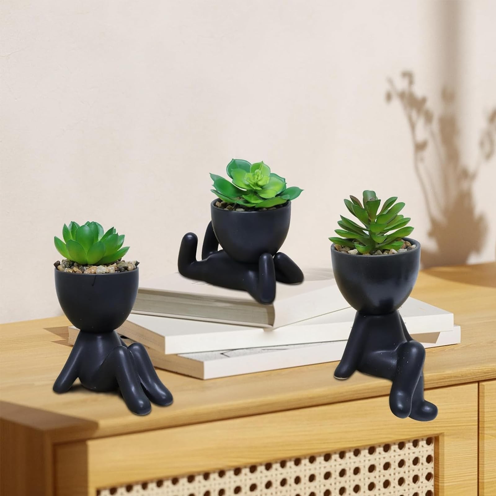 3 PCS Cute Artificial Succulent Plants with Creative Ceramics Human Shaped Po…